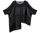 A black asymmetrical blouse with short sleeves, featuring a mix of sheer mesh and textured metallic fabric panels, shown on a plain white background.