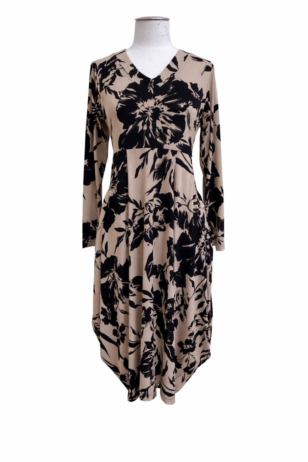 beige and black floral midi dress on a white background