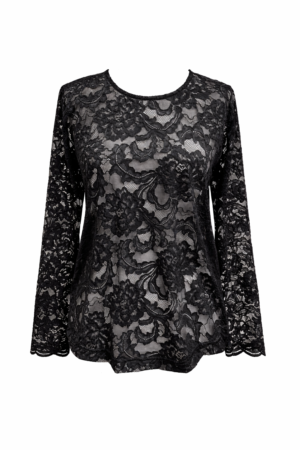 Long sleeve black lace top on white background