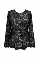 Long sleeve black lace top on white background