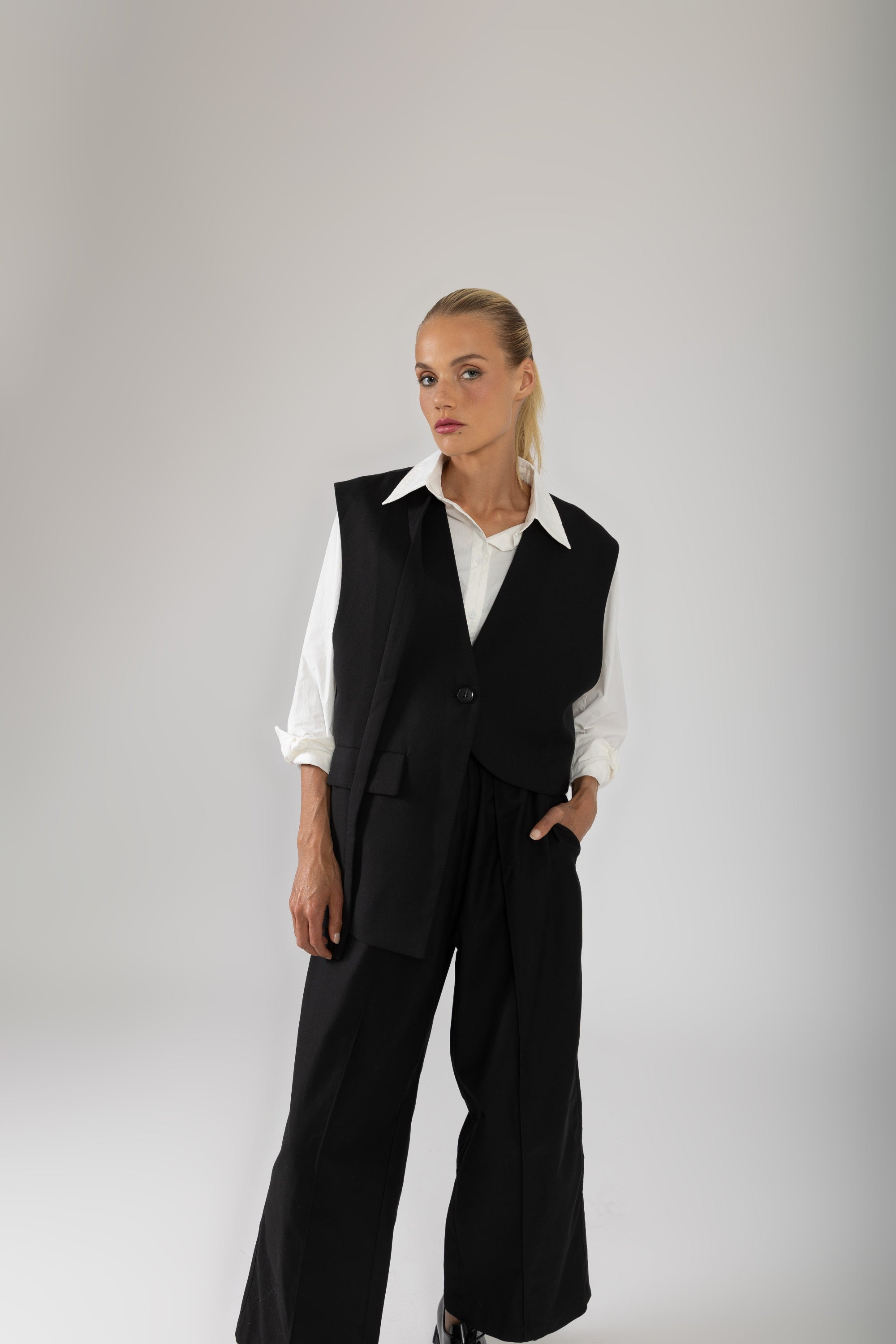 womens asymmetircal structured vest black