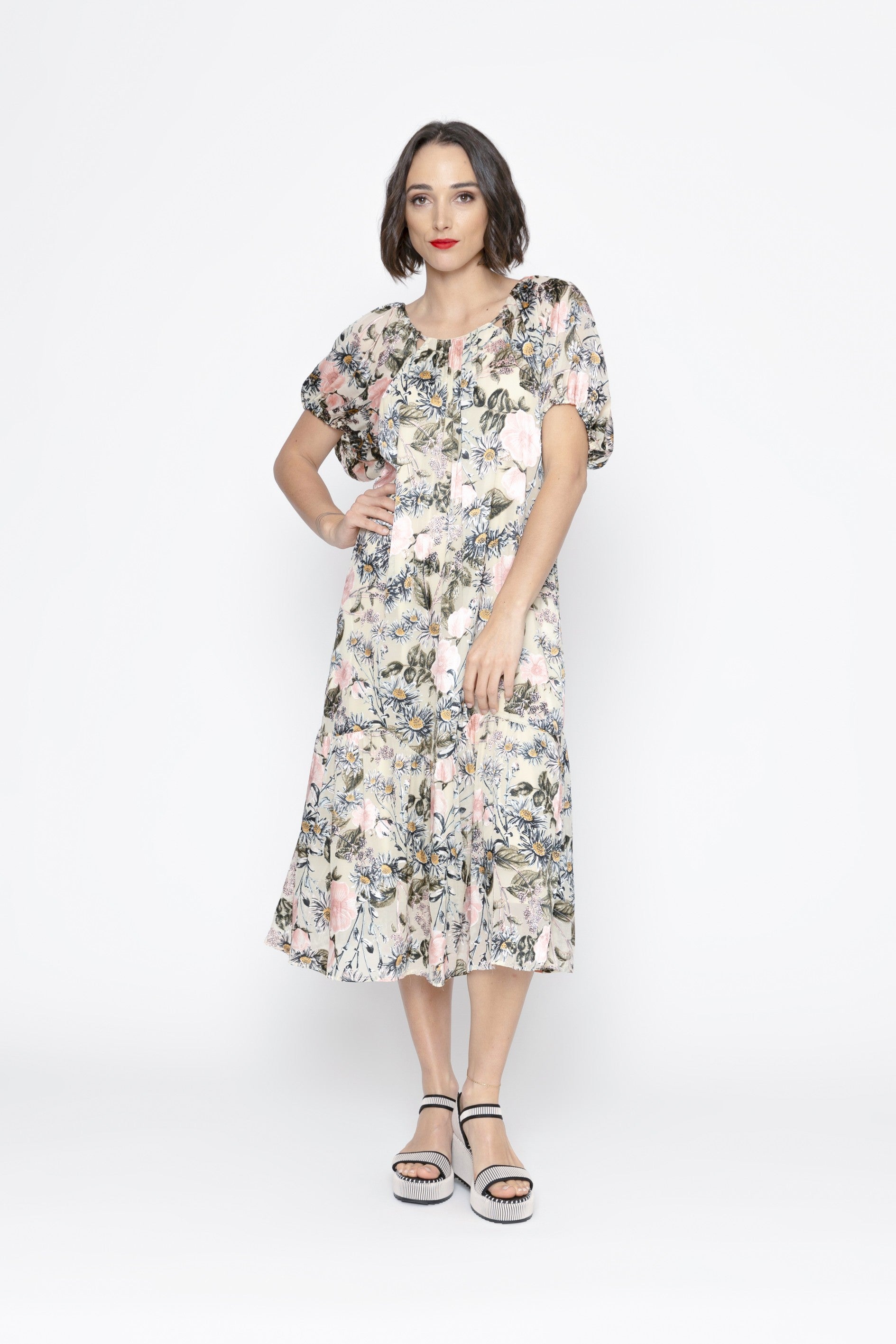 light floral midi dress puff sleeve worn by model