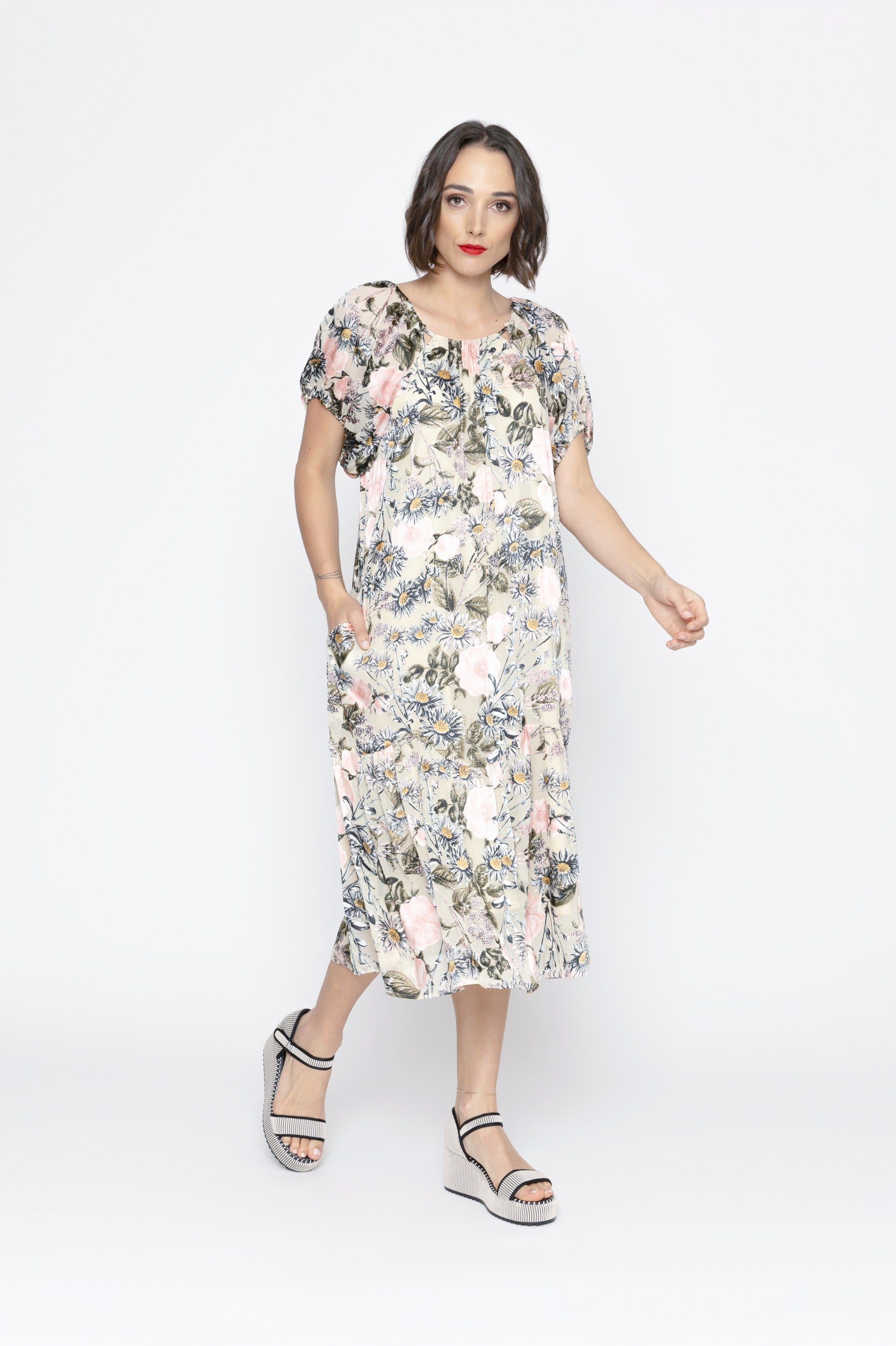 light floral midi dress puff sleeve worn by model