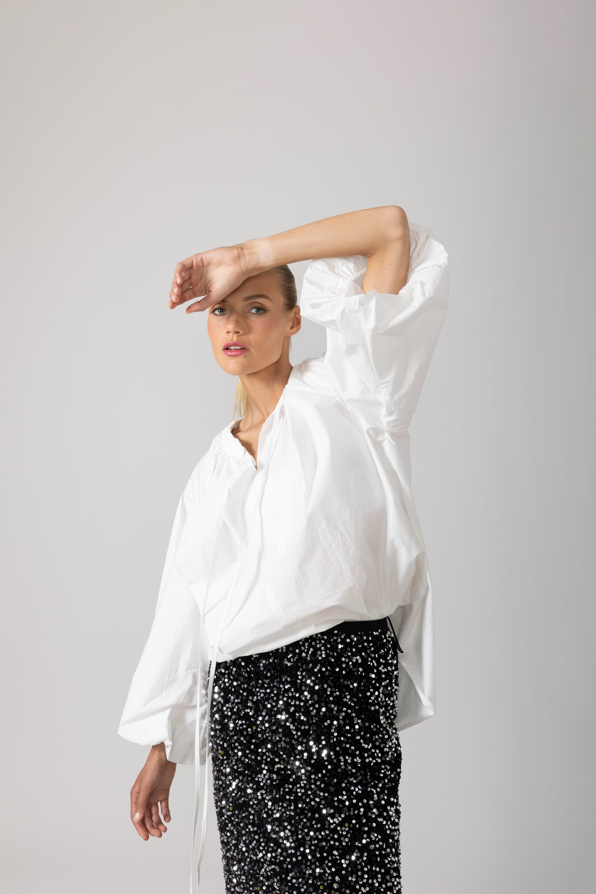 womens shirt with balloon sleeves and ruffles white
