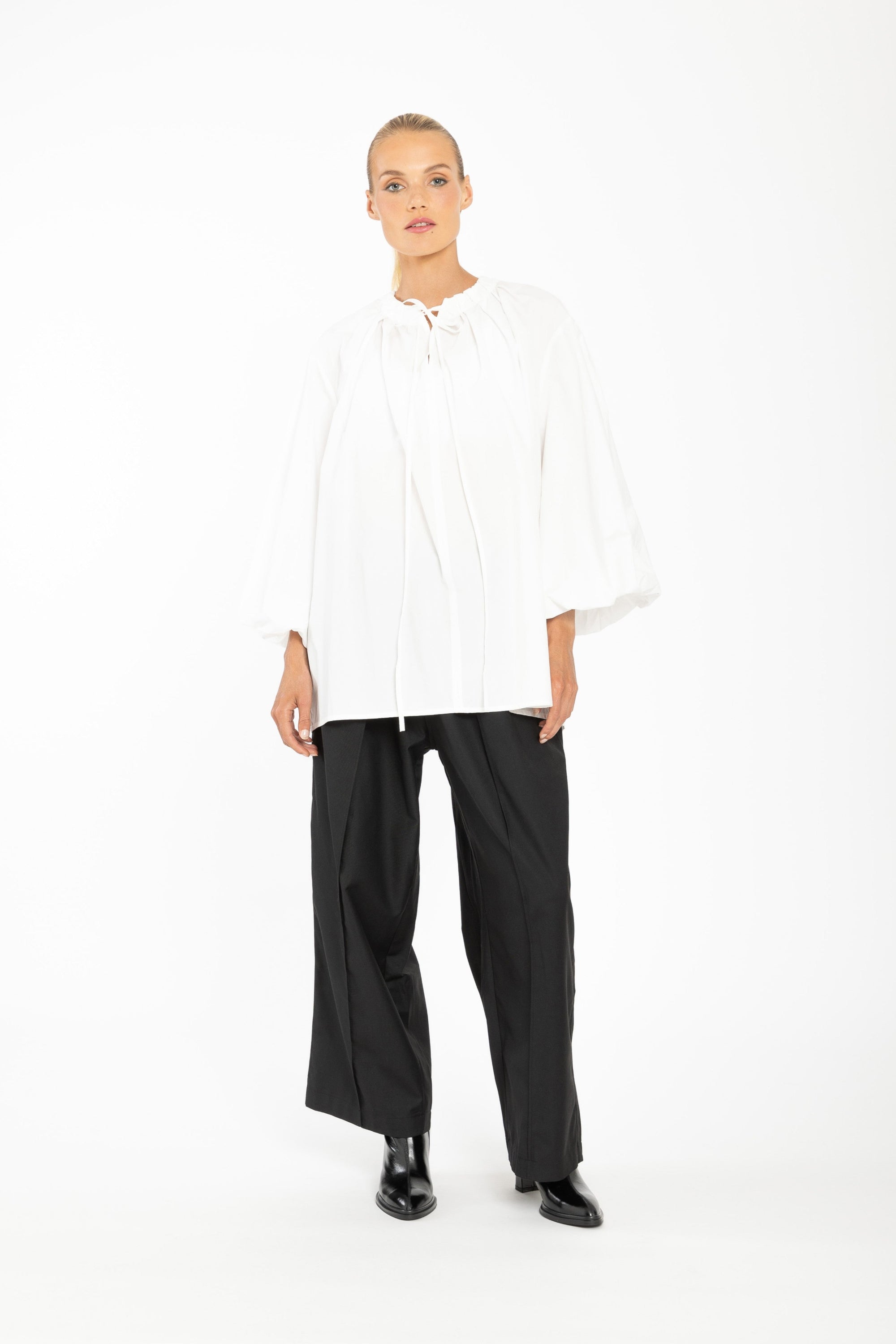 womens shirt with balloon sleeves and ruffles white