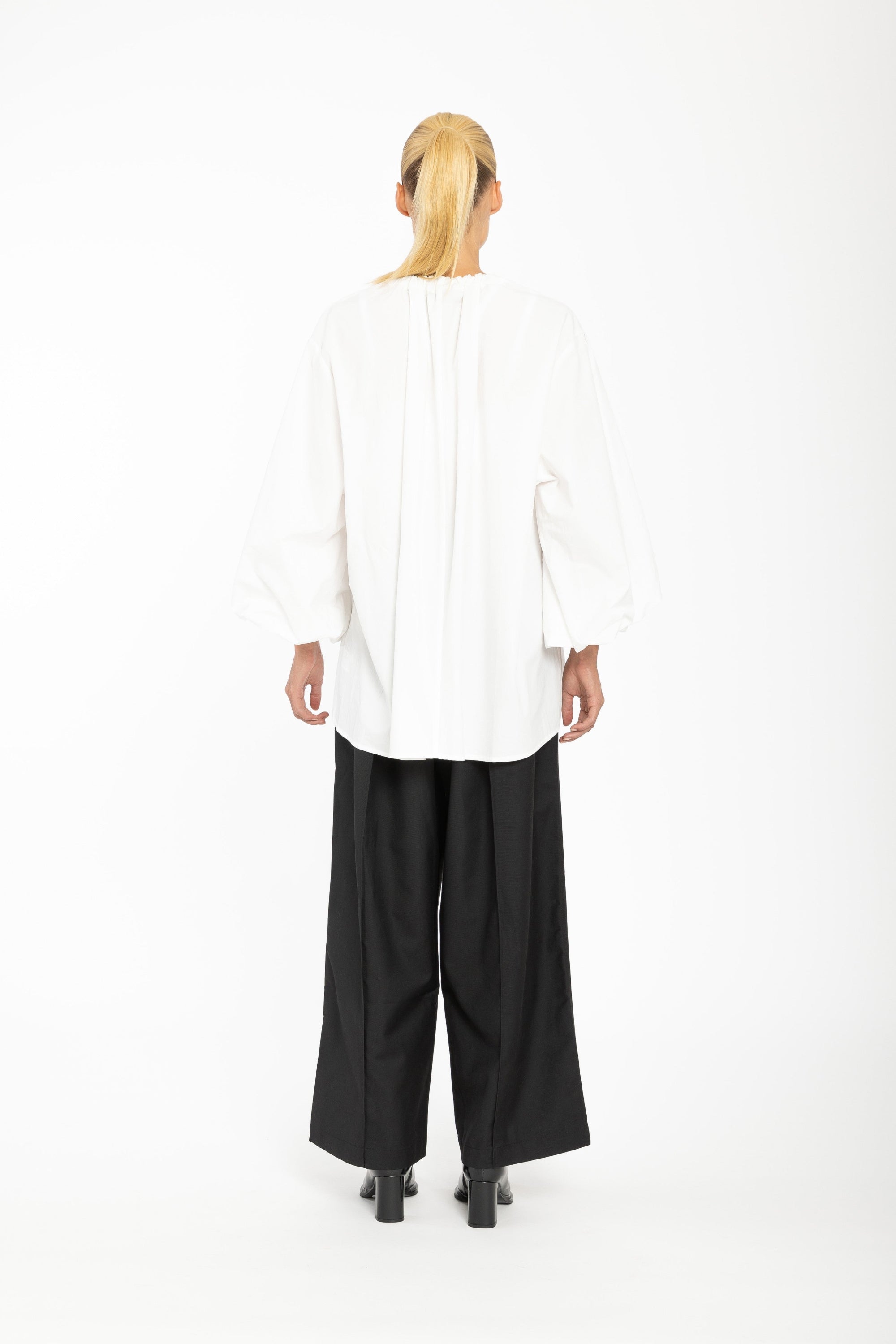 womens shirt with balloon sleeves and ruffles white back view