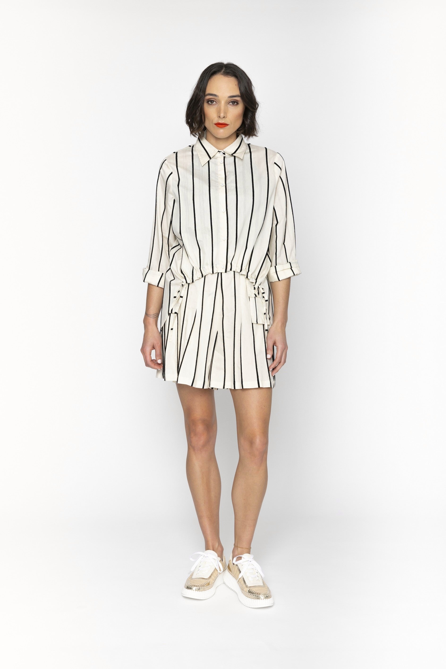 womens drawstring high low hem shirt off white black stripe worn by model