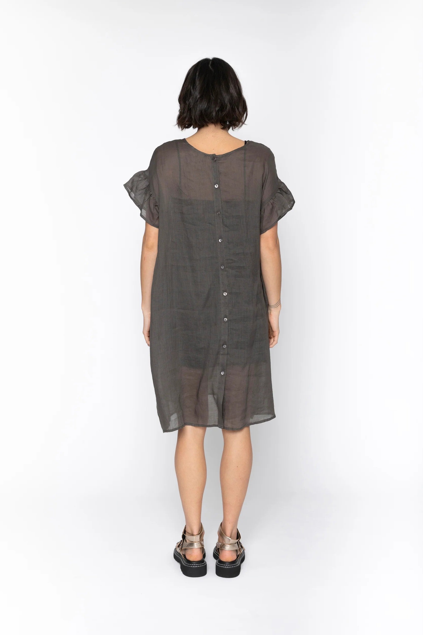 charcoal linen midi dress worn by model back