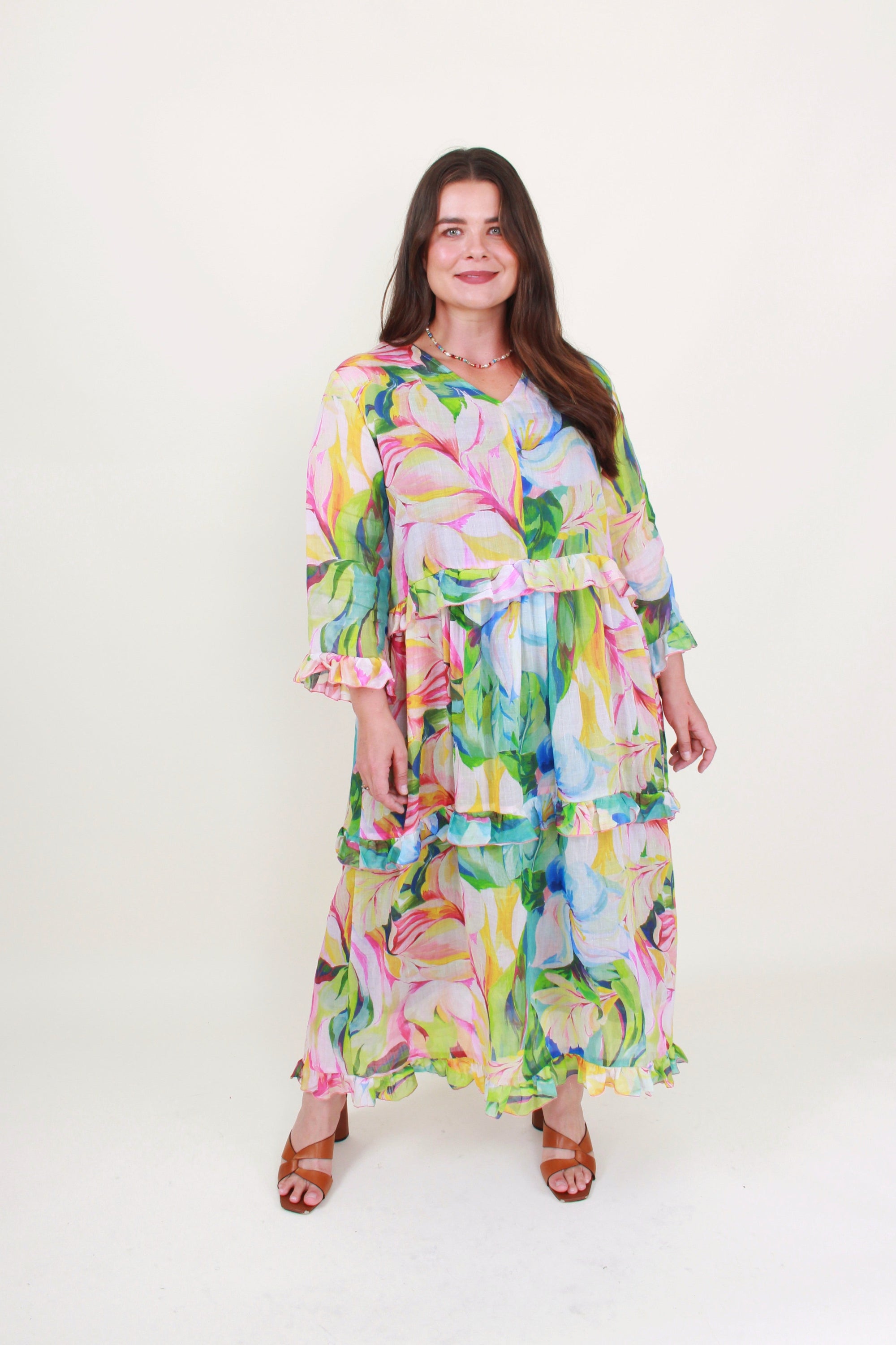 Woman wearing a colorful floral dress on a white background