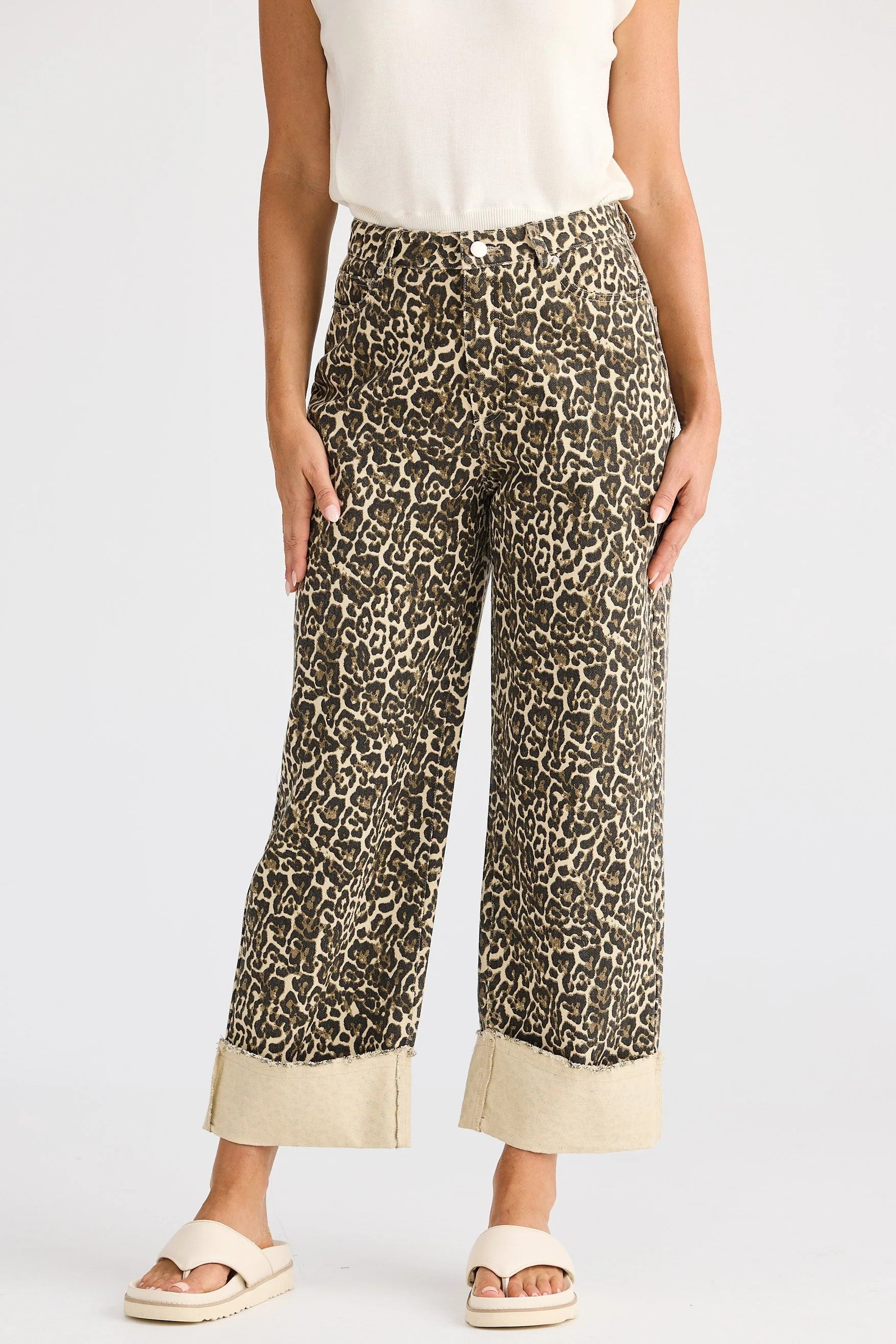 leopard print wide leg pant worn by model 