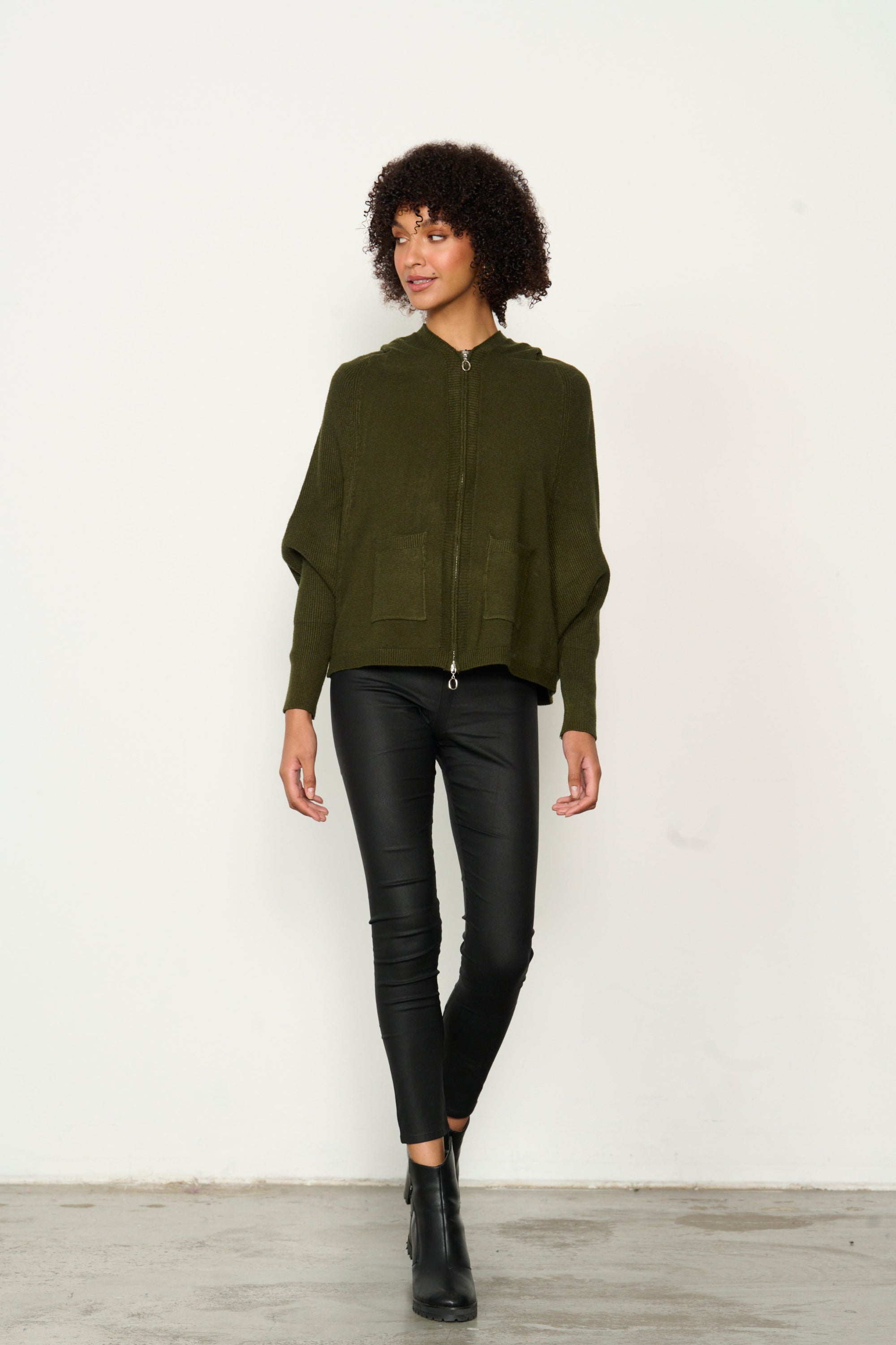 womens batwing zip through hoodie in khaki worn by model 