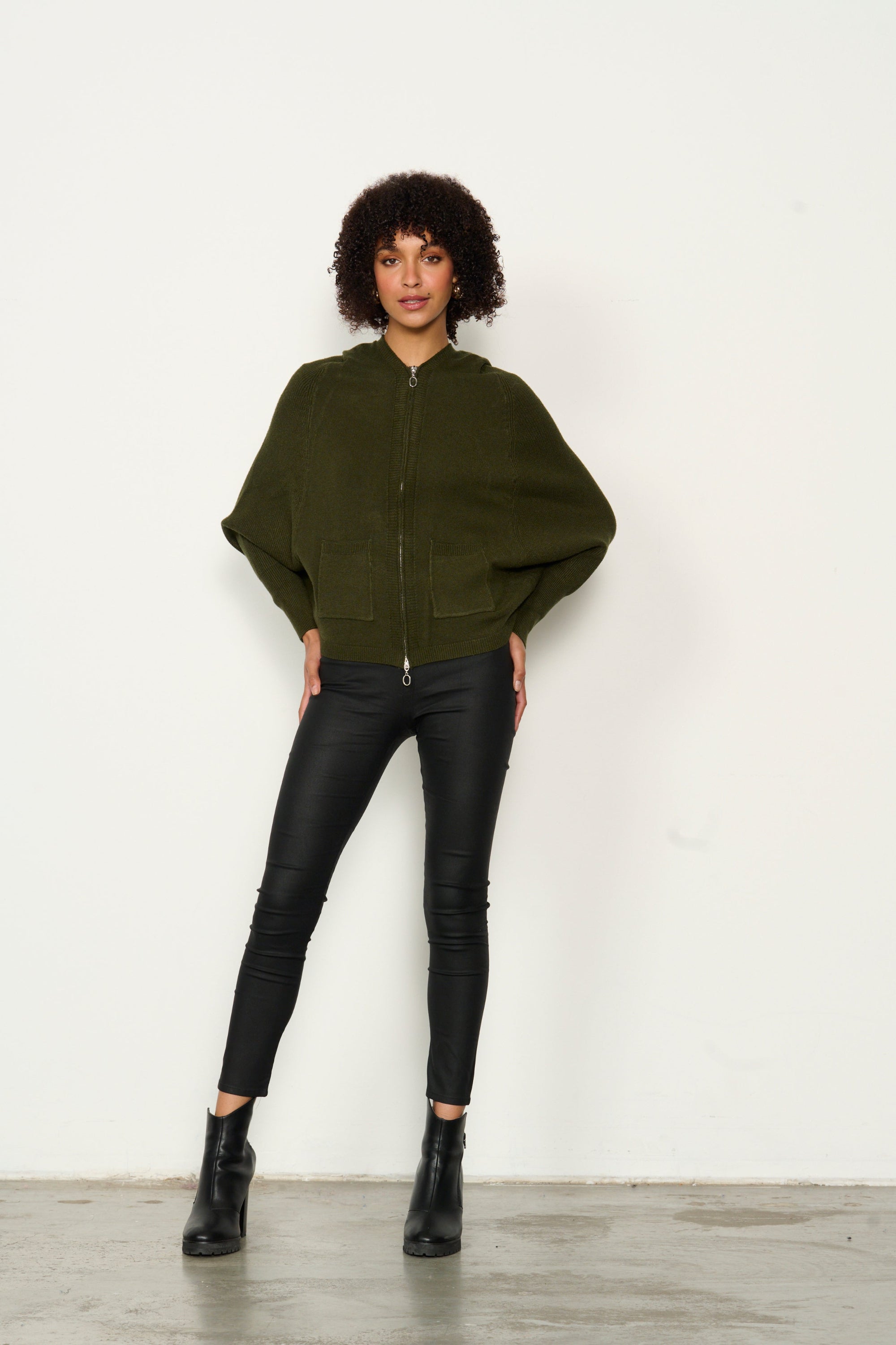 womens batwing zip through hoodie in khaki worn by model 