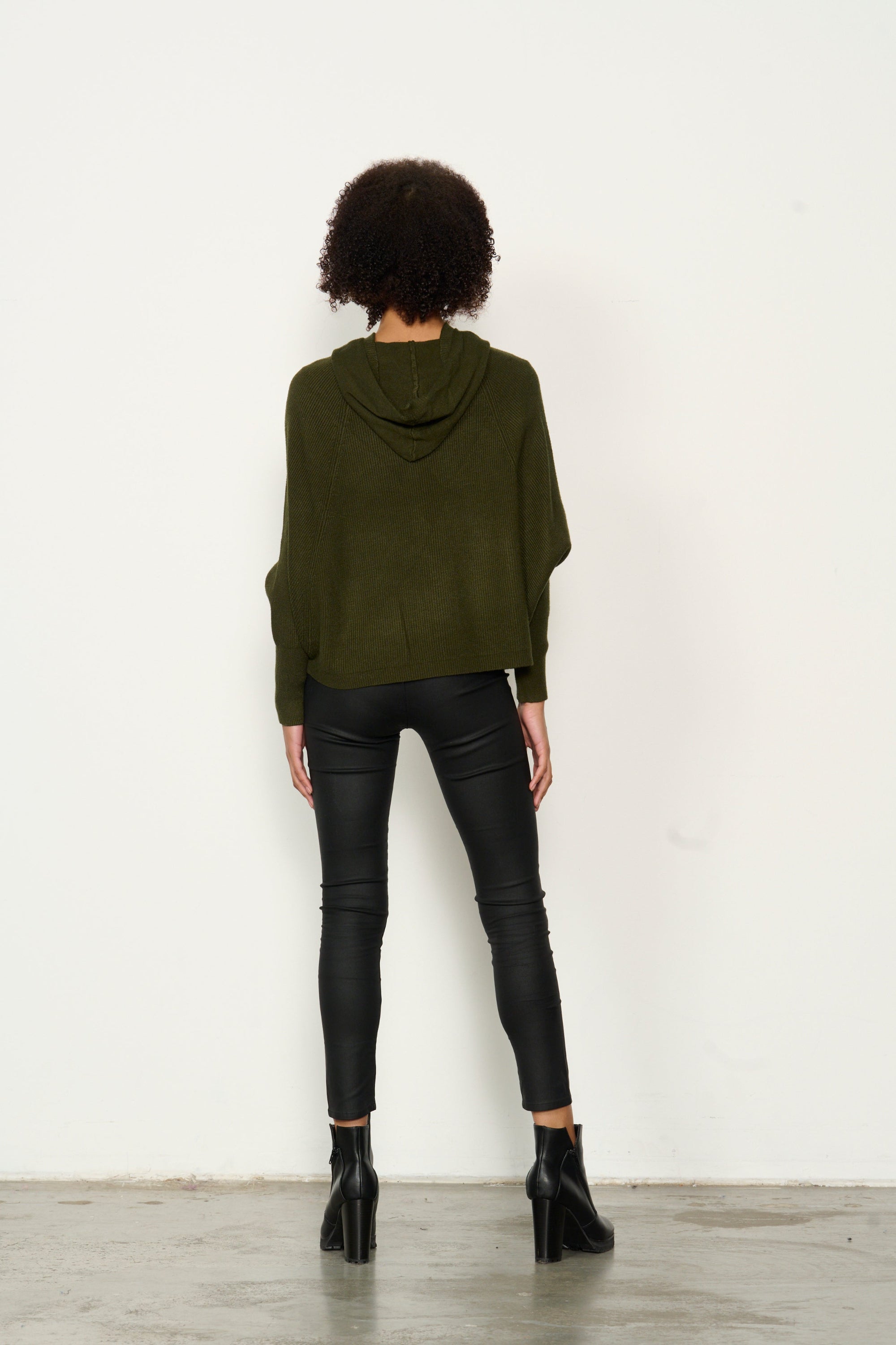 womens batwing zip through hoodie in khaki worn by model back view