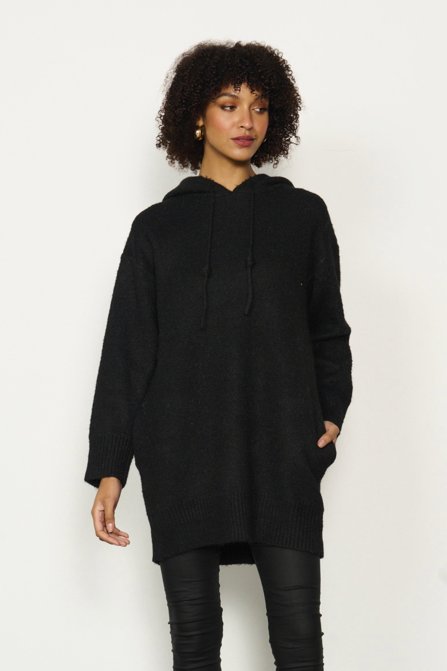womens longline long sleeve hoodie in black worn by model