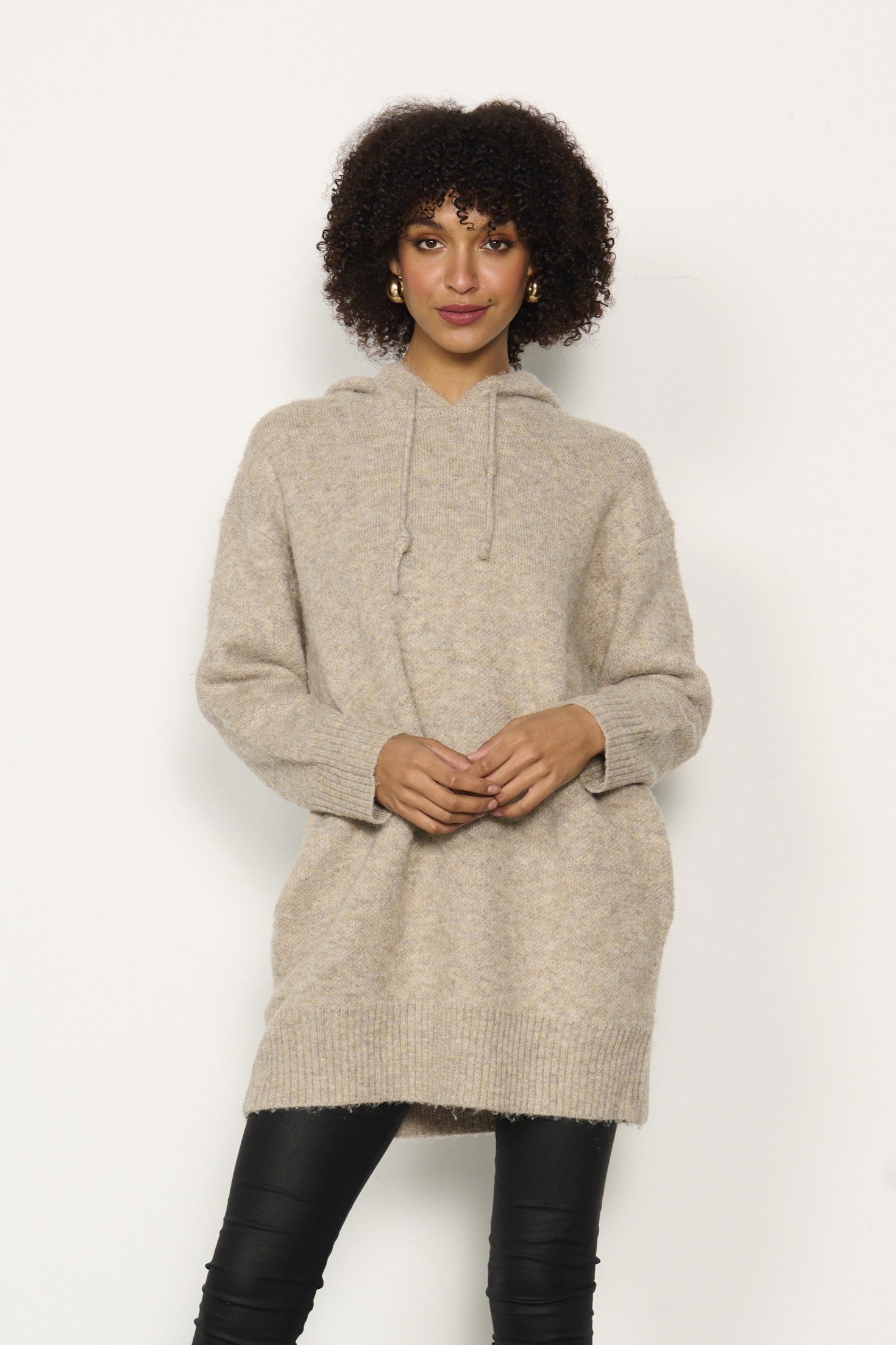 womens longline long sleeve hoodie in oat worn by model