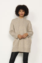 womens longline long sleeve hoodie in oat worn by model