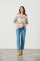 womens crew sweater pastel colours with hearts worn by model