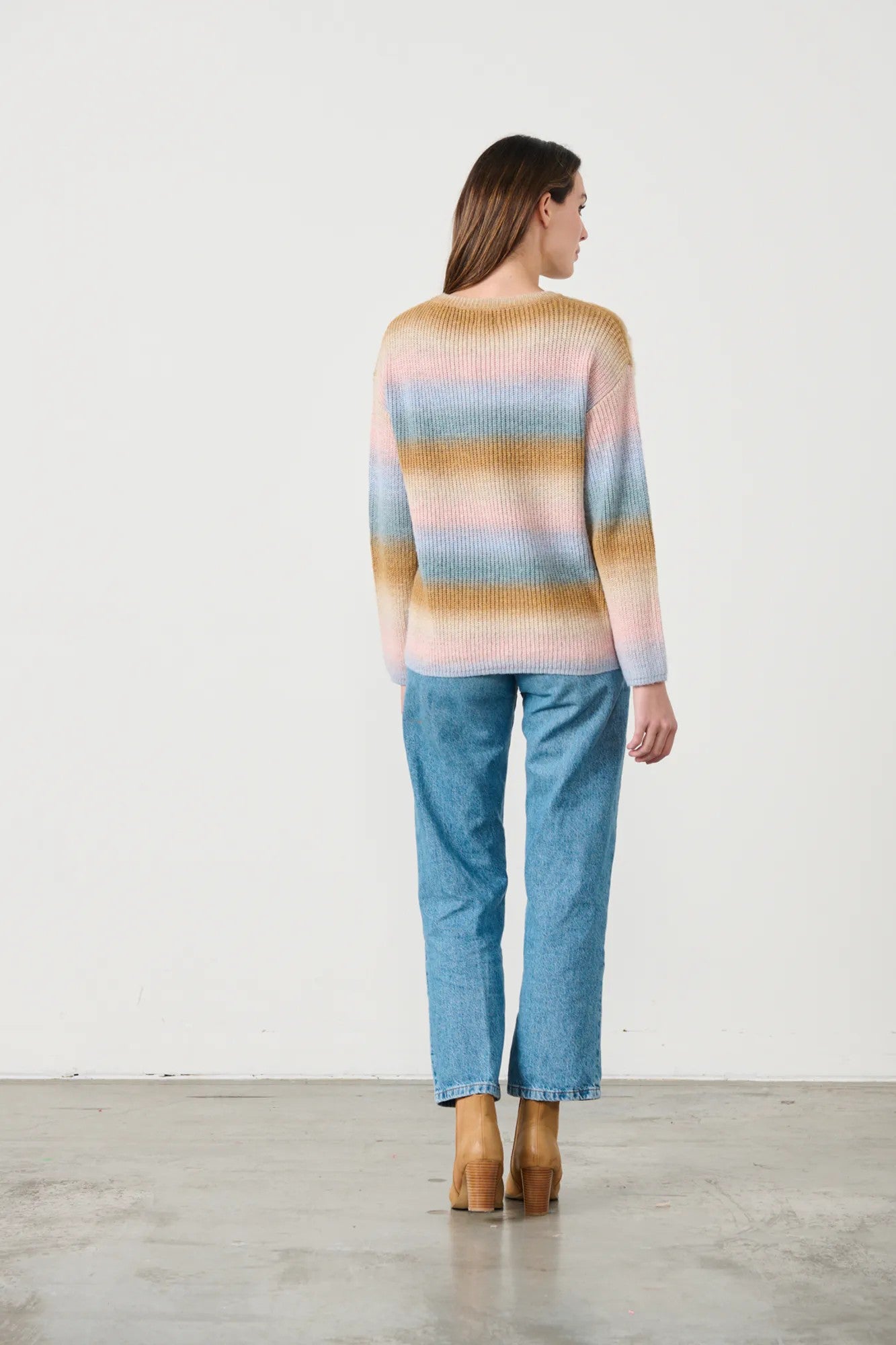 womens crew sweater pastel colours with hearts worn by model back view