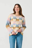 womens crew sweater pastel colours with hearts worn by model
