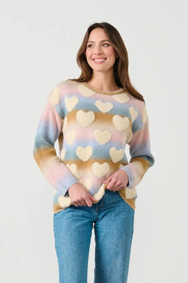 womens crew sweater pastel colours with hearts worn by model