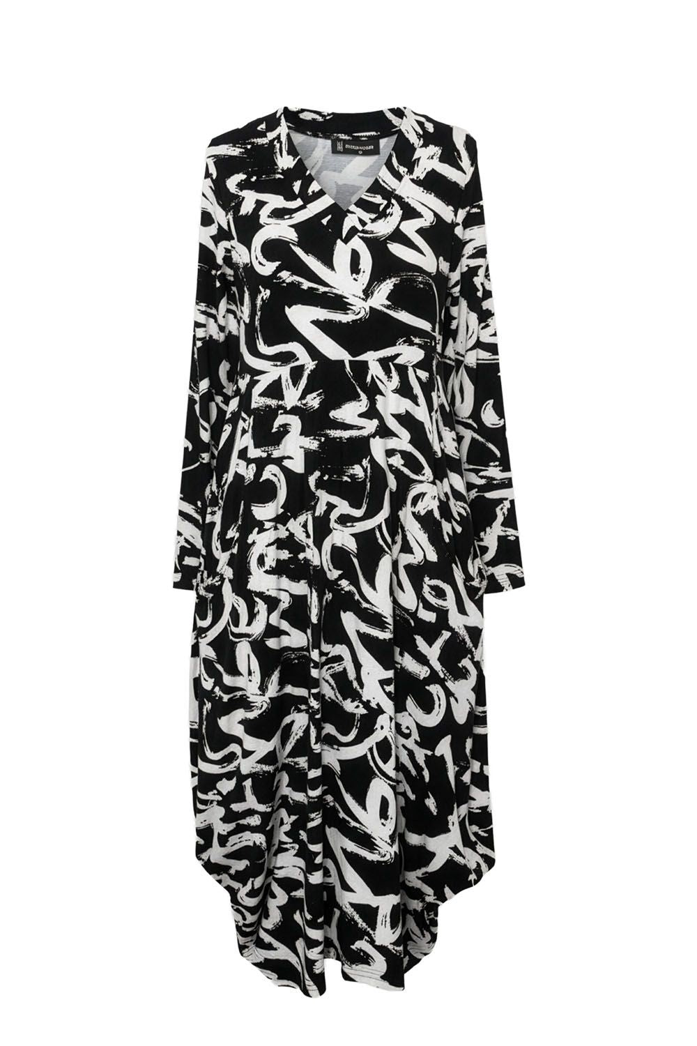 black and white garfitti print midi dress clear cut white background