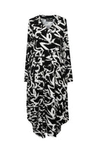 black and white garfitti print midi dress clear cut white background