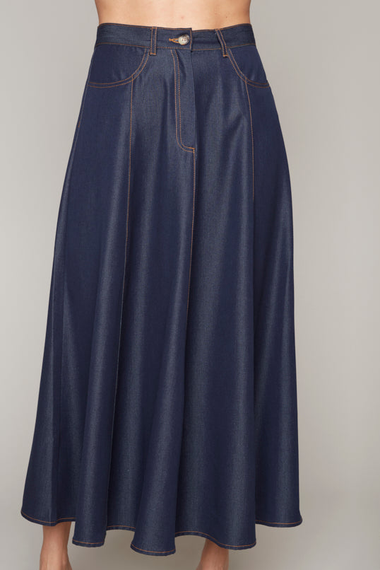 Navy blue denim skirt shown from front and side on a plain background