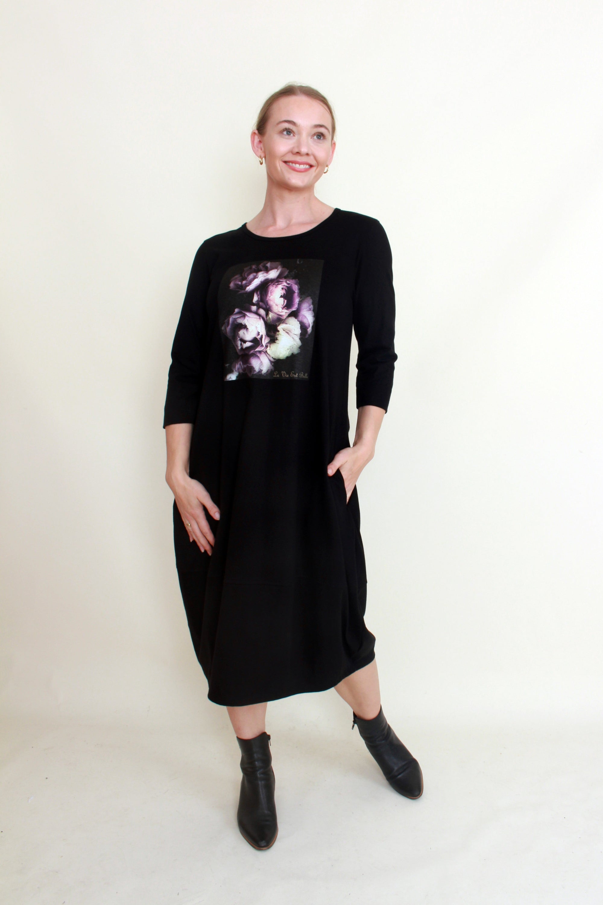 womens long sleeve tee midi dress black floral screenprint