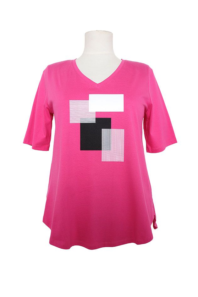 fuchsia vee neck tee with abstract rectangle print