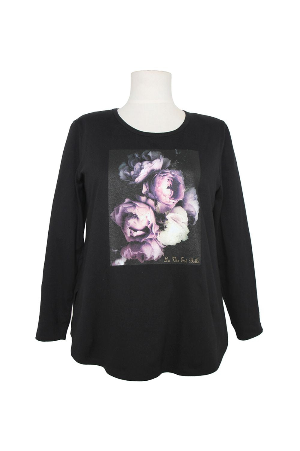 womens long sleeve tee with floral screenprint black