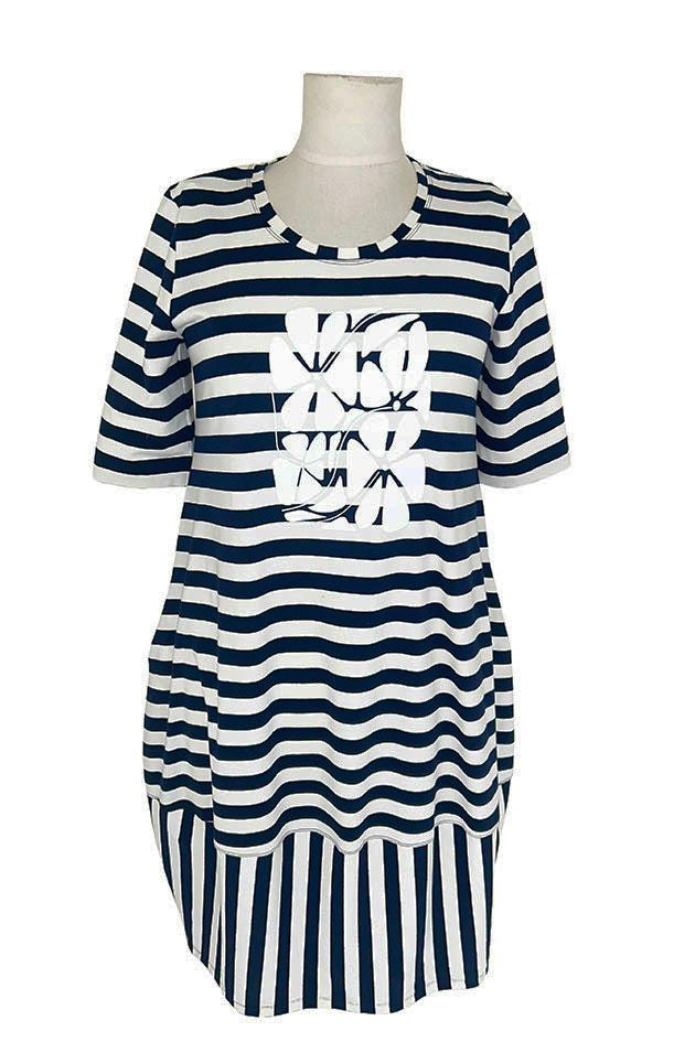 Navy and white striped dress with graphic design on a mannequin against a white background