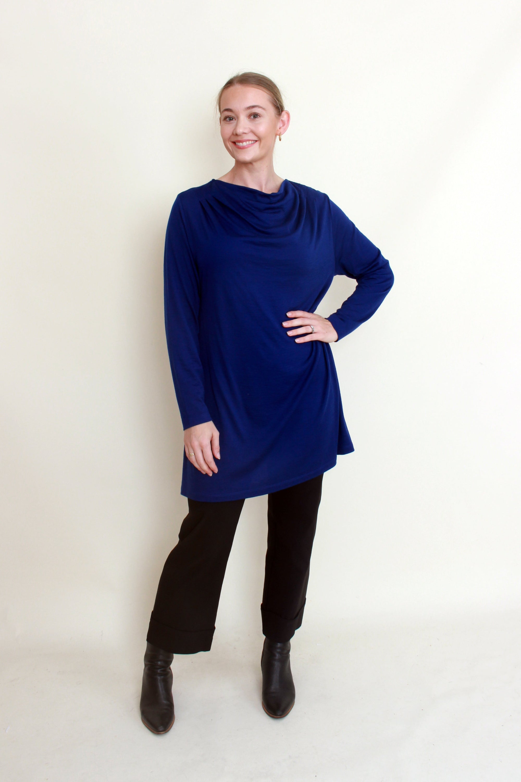 womens longline tunic long sleeve cowl neck in deep sapphire