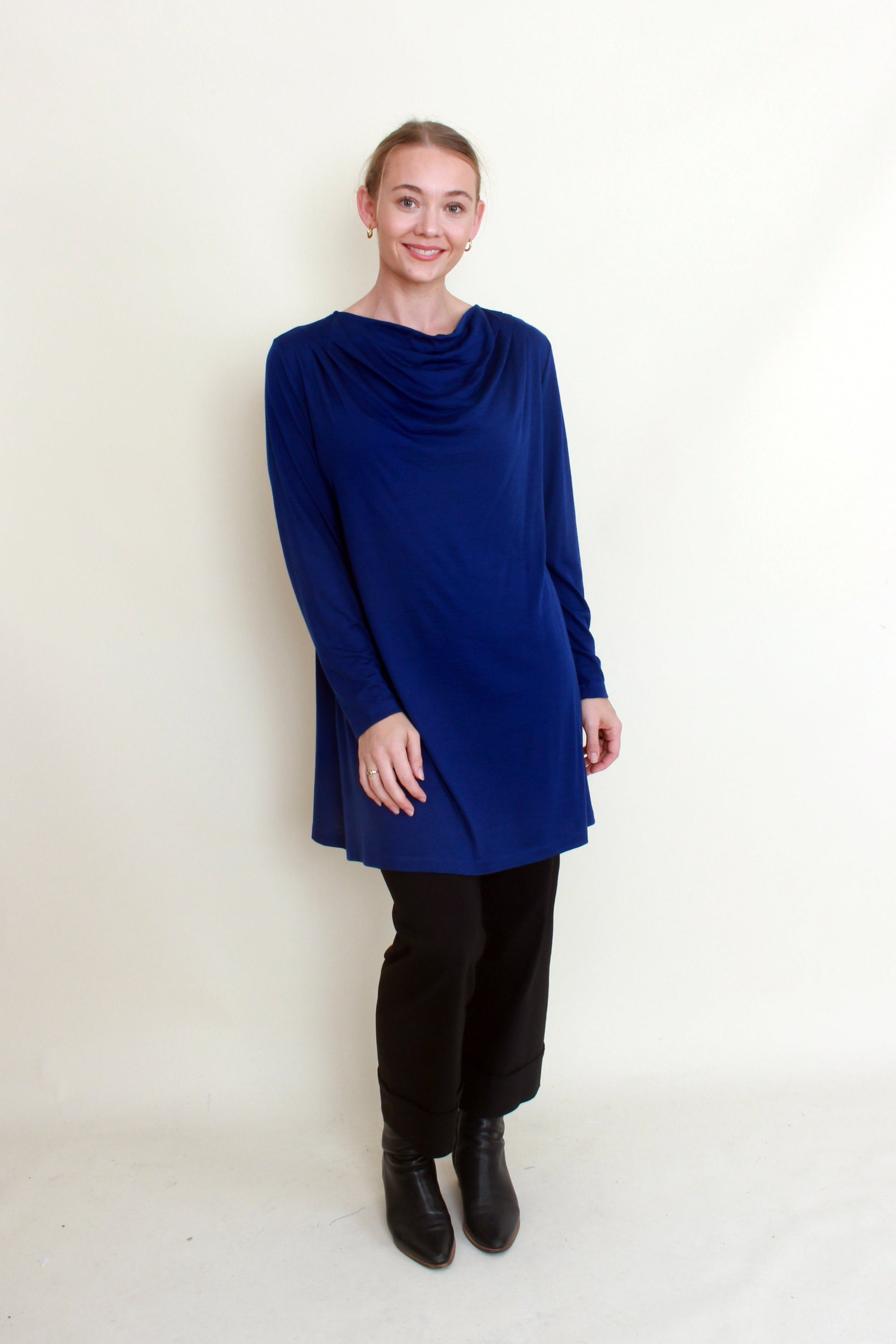 womens longline tunic long sleeve cowl neck in deep sapphire