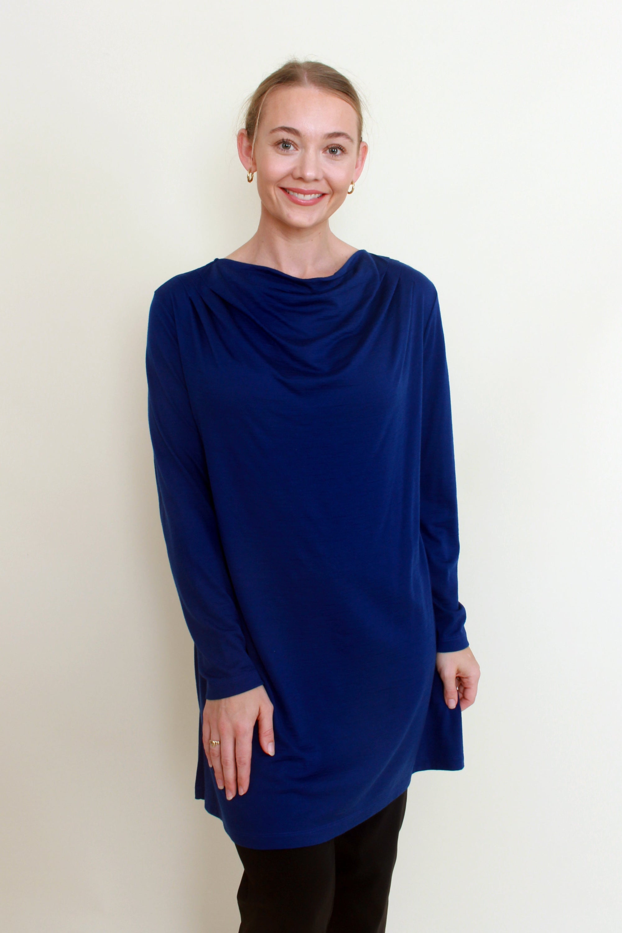 womens longline tunic long sleeve cowl neck in deep sapphire