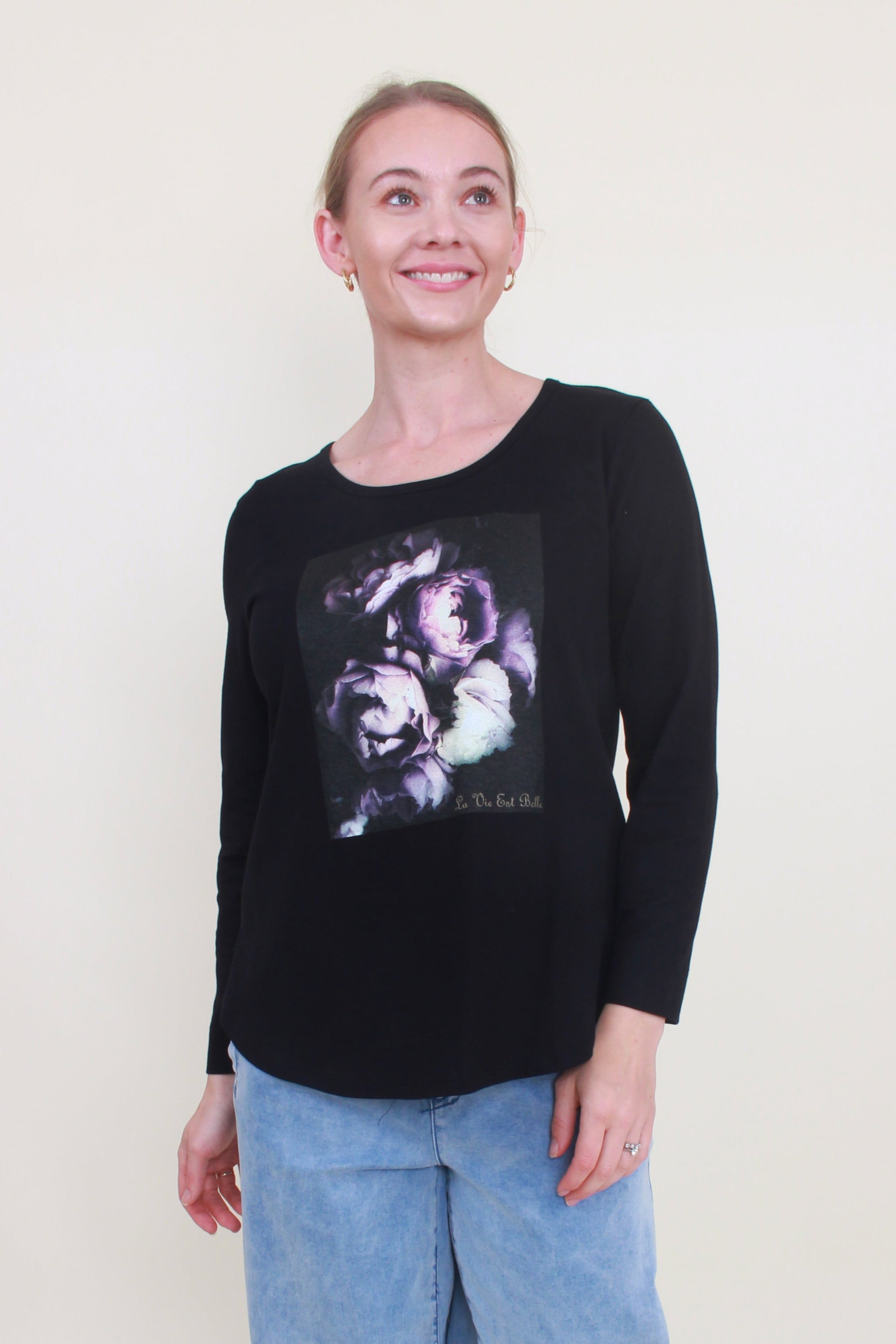 womens long sleeve black top floral screenprint
