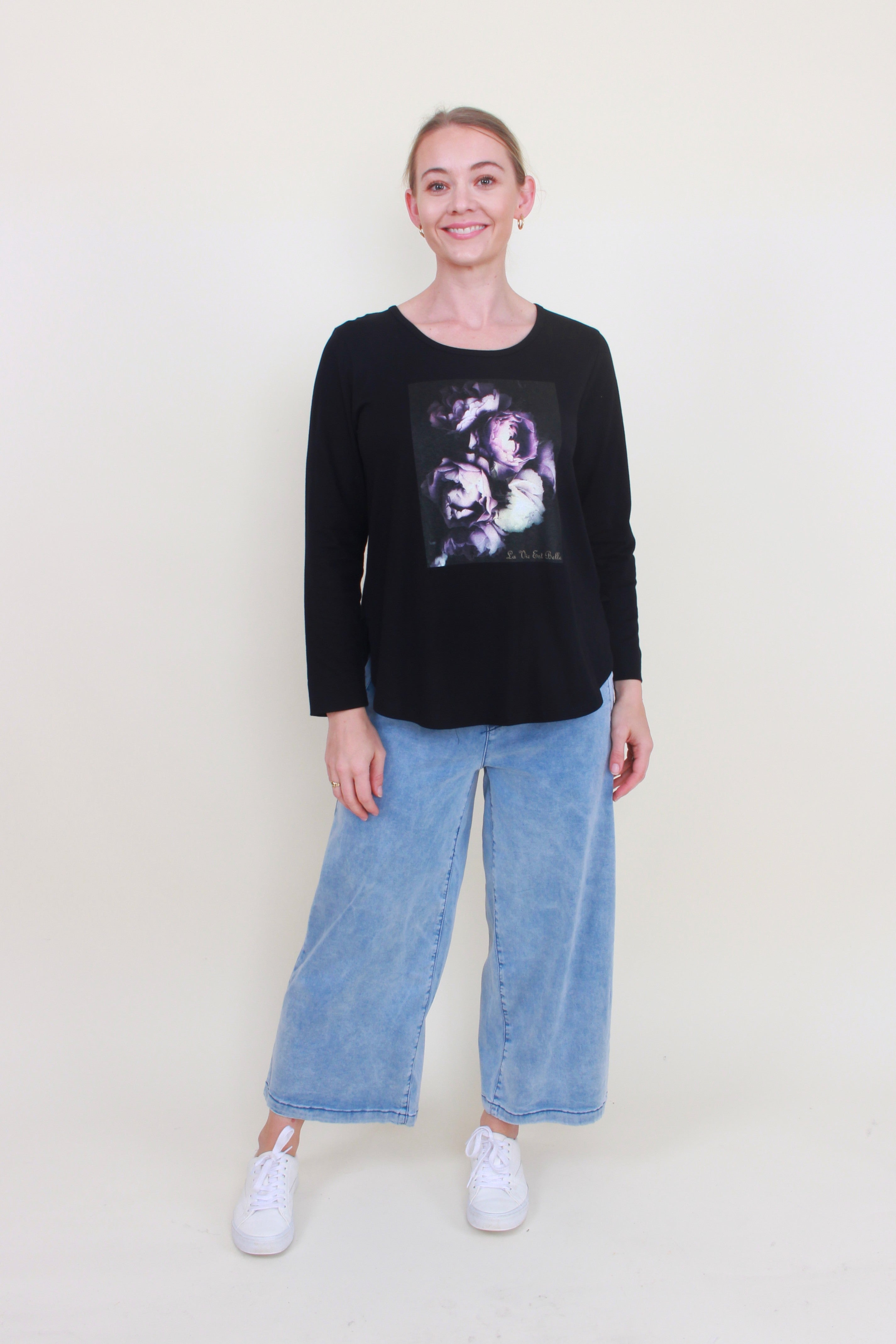 womens long sleeve black top floral screenprint