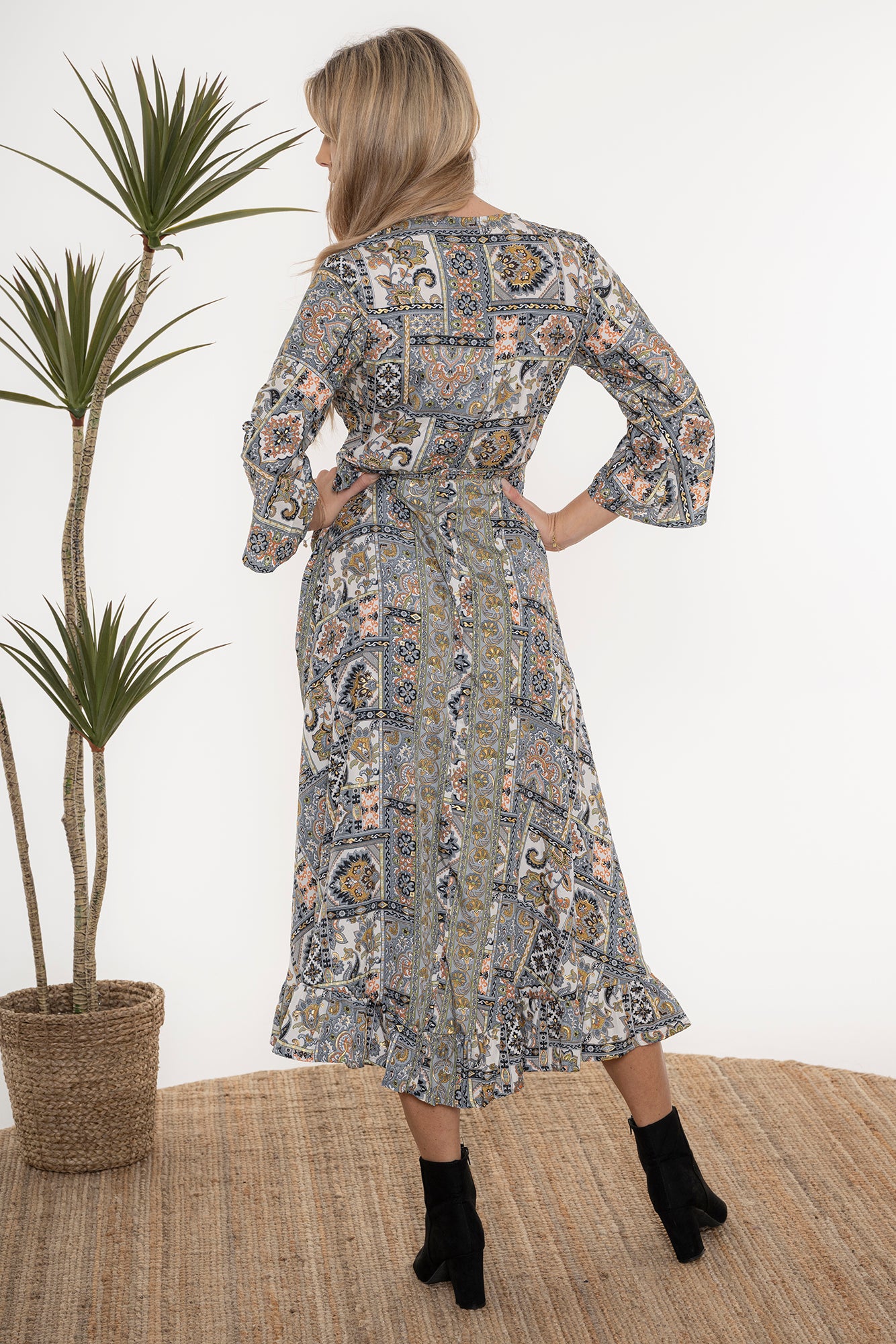 long wrap dress moroccan print worn by model back view