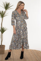 long wrap dress moroccan print worn by model