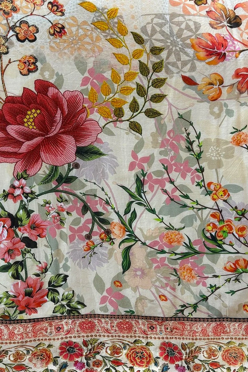 Floral patterned fabric with colorful flowers and leaves on a textured background
