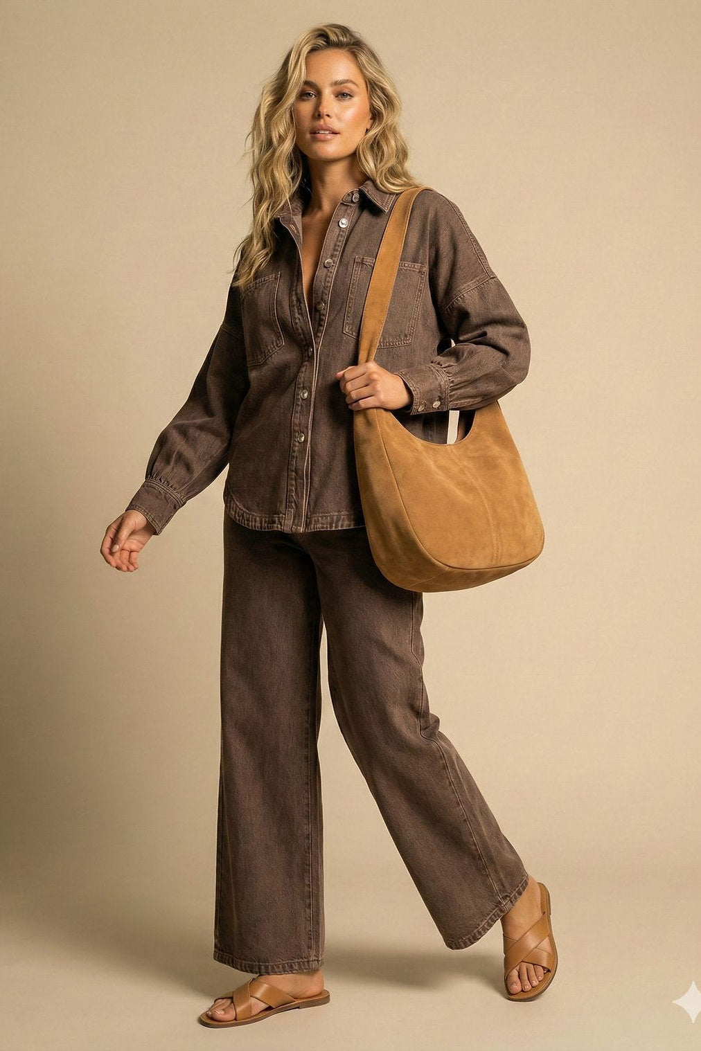 A woman models a matching brown denim shirt and wide-leg jeans set, styled with a tan suede shoulder bag and tan flat sandals against a solid beige studio background.