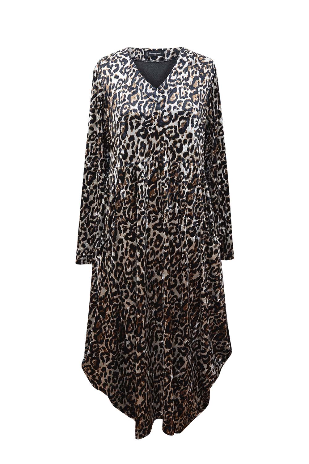 womens midi floral dress cocoon shape long sleeve velvet finish in animal print