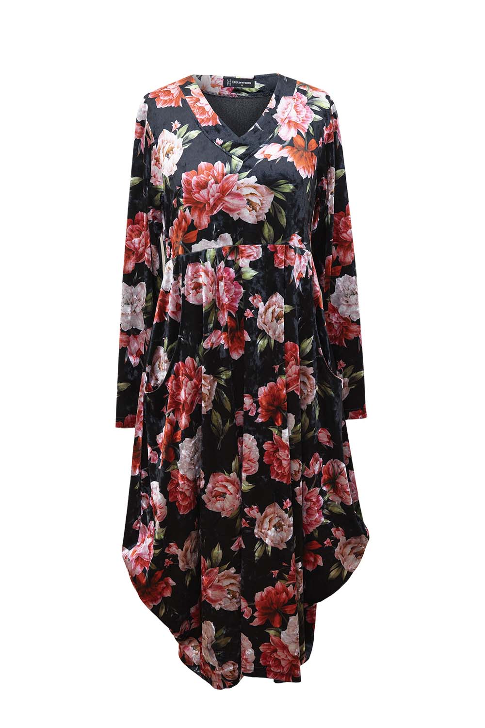 womens midi floral dress cocoon shape long sleeve velvet finish in black and multi