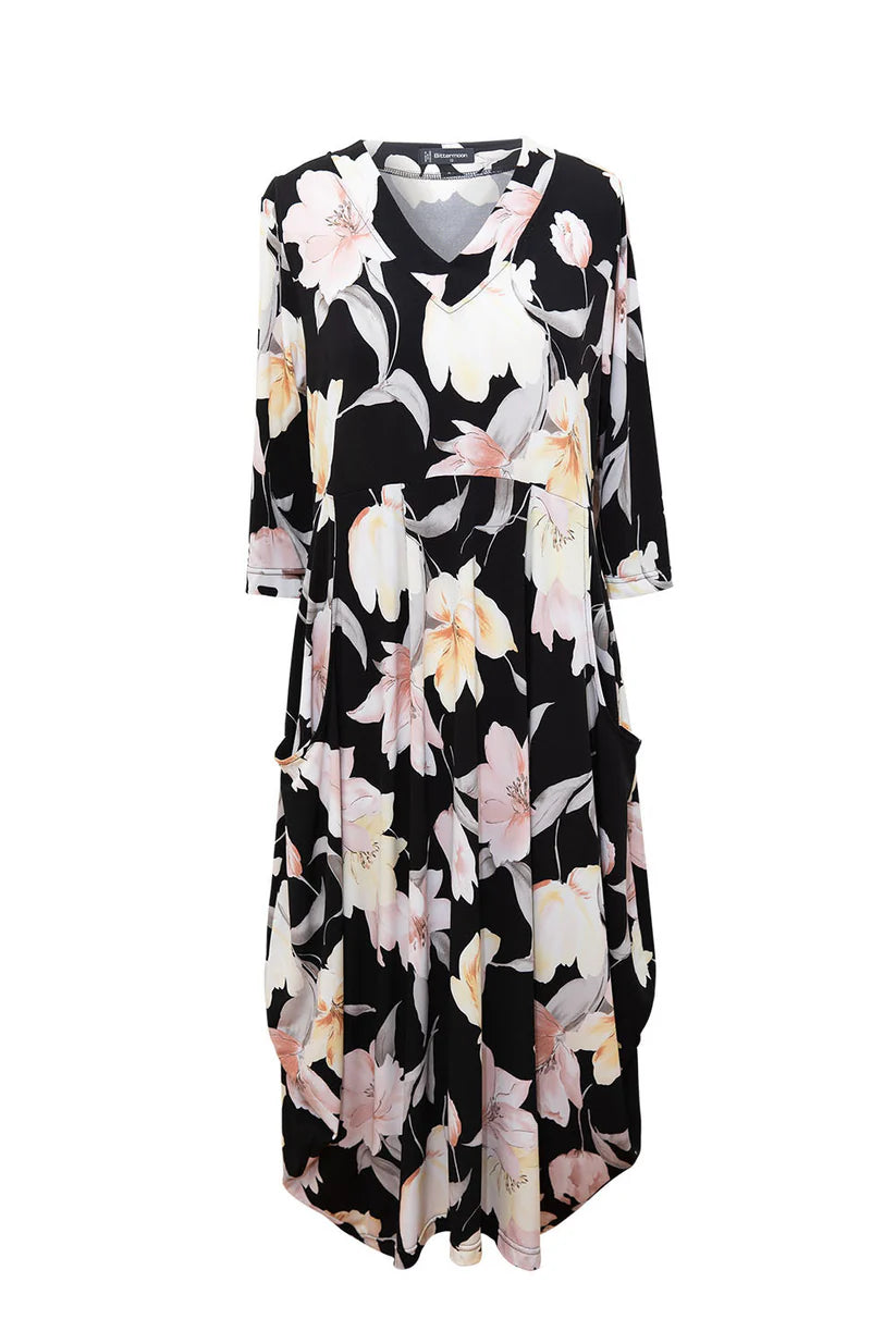 Floral dress with black background on a white background