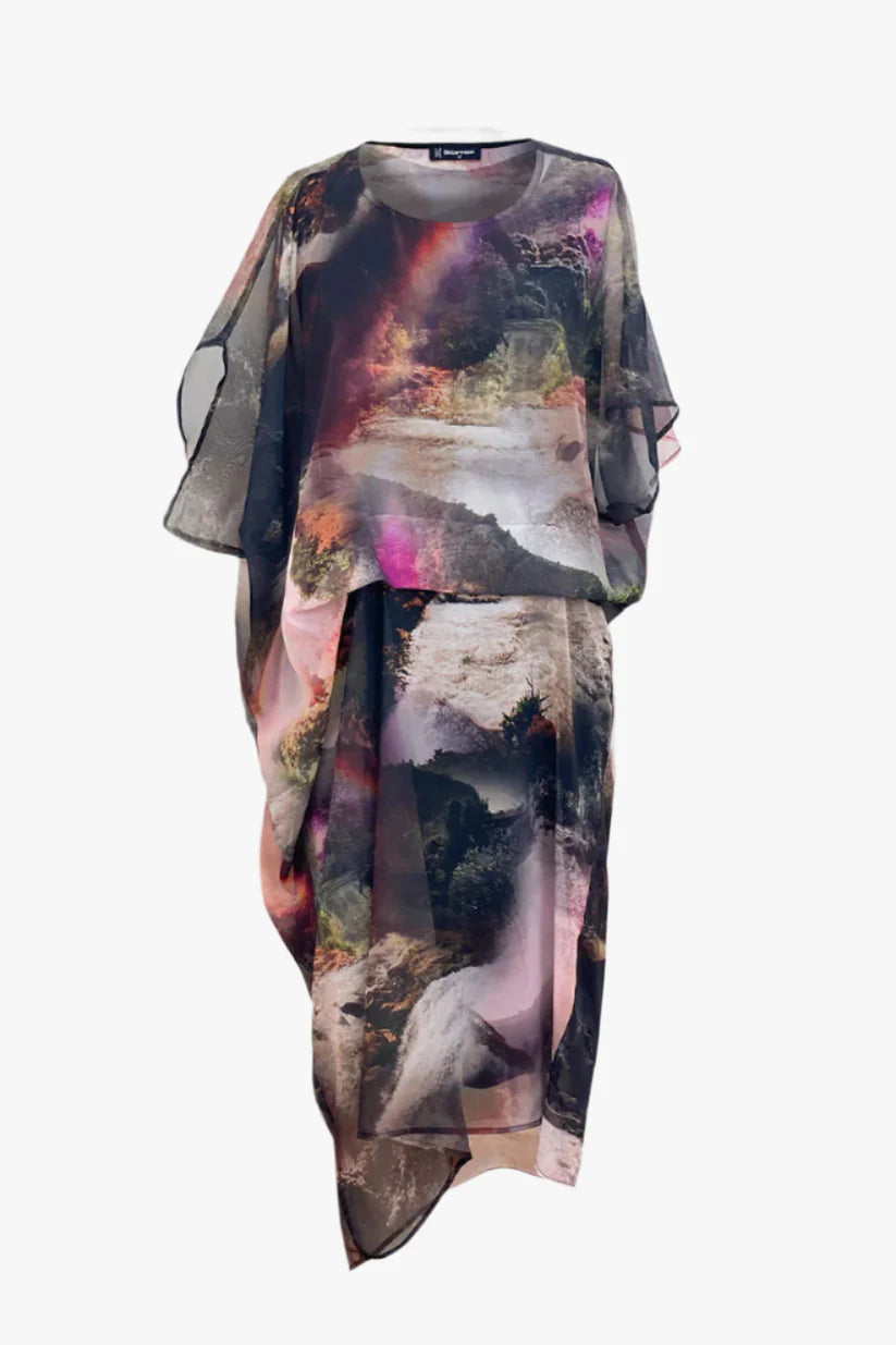 Multicolored dress with abstract design on a white background