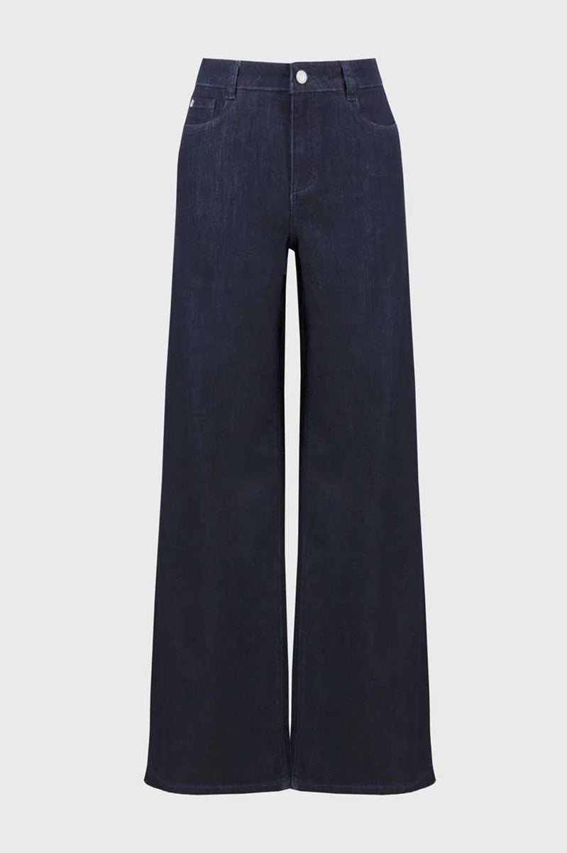 Navy blue wide-leg jeans on a light gray background