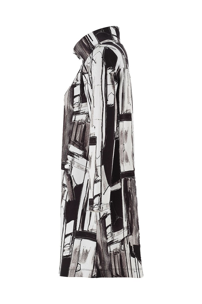 Black and white abstract coat on a white background side angle