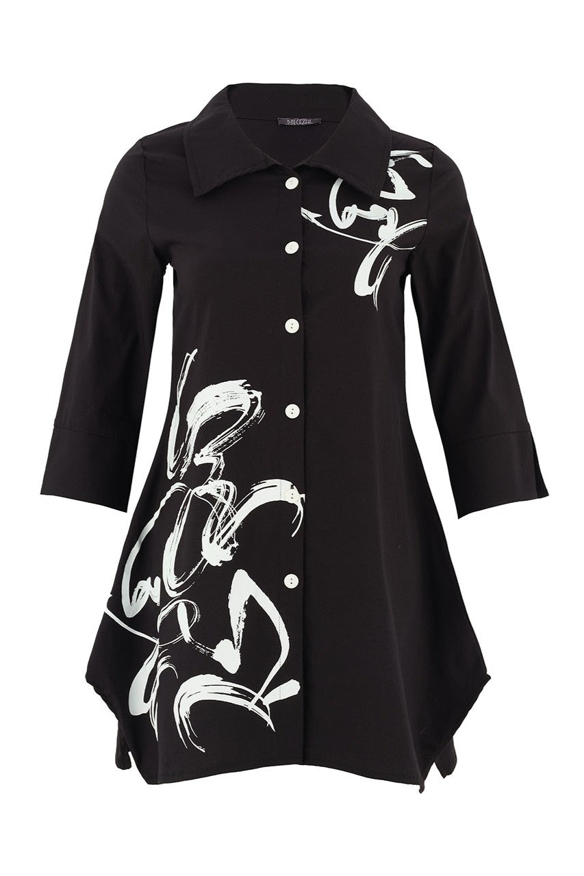 Black shirt with white abstract designs on a white background