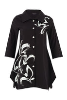 Black shirt with white abstract designs on a white background