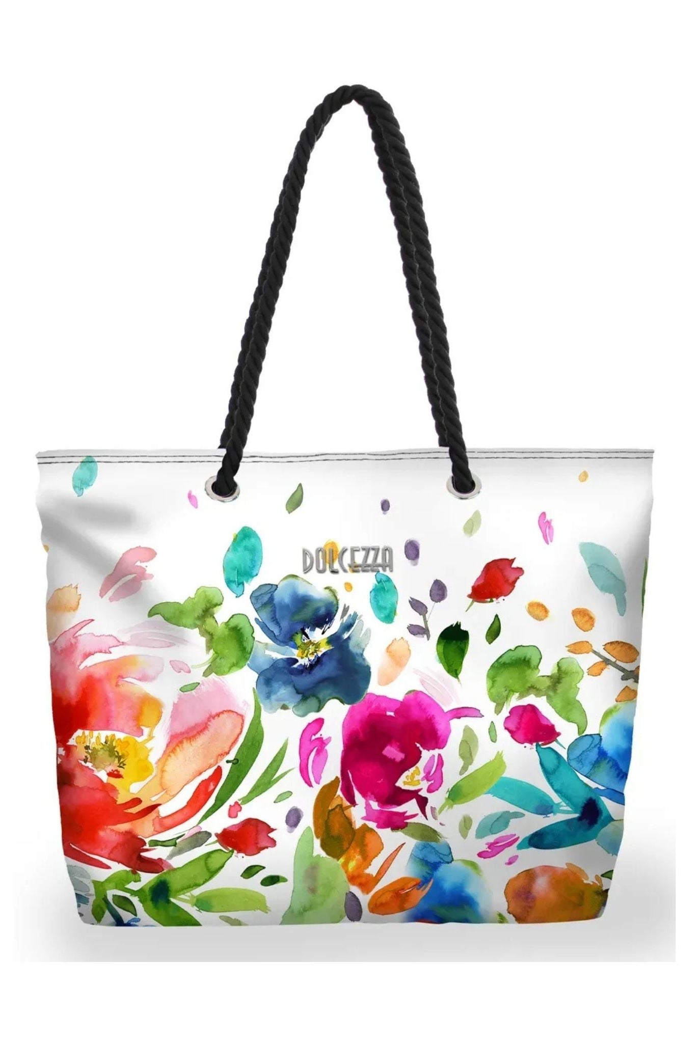 A white tote bag with black rope handles, featuring a vibrant watercolor floral print in red, pink, blue, green, and orange. The brand name 'DOLCEZZA' is printed in gold near the center.
