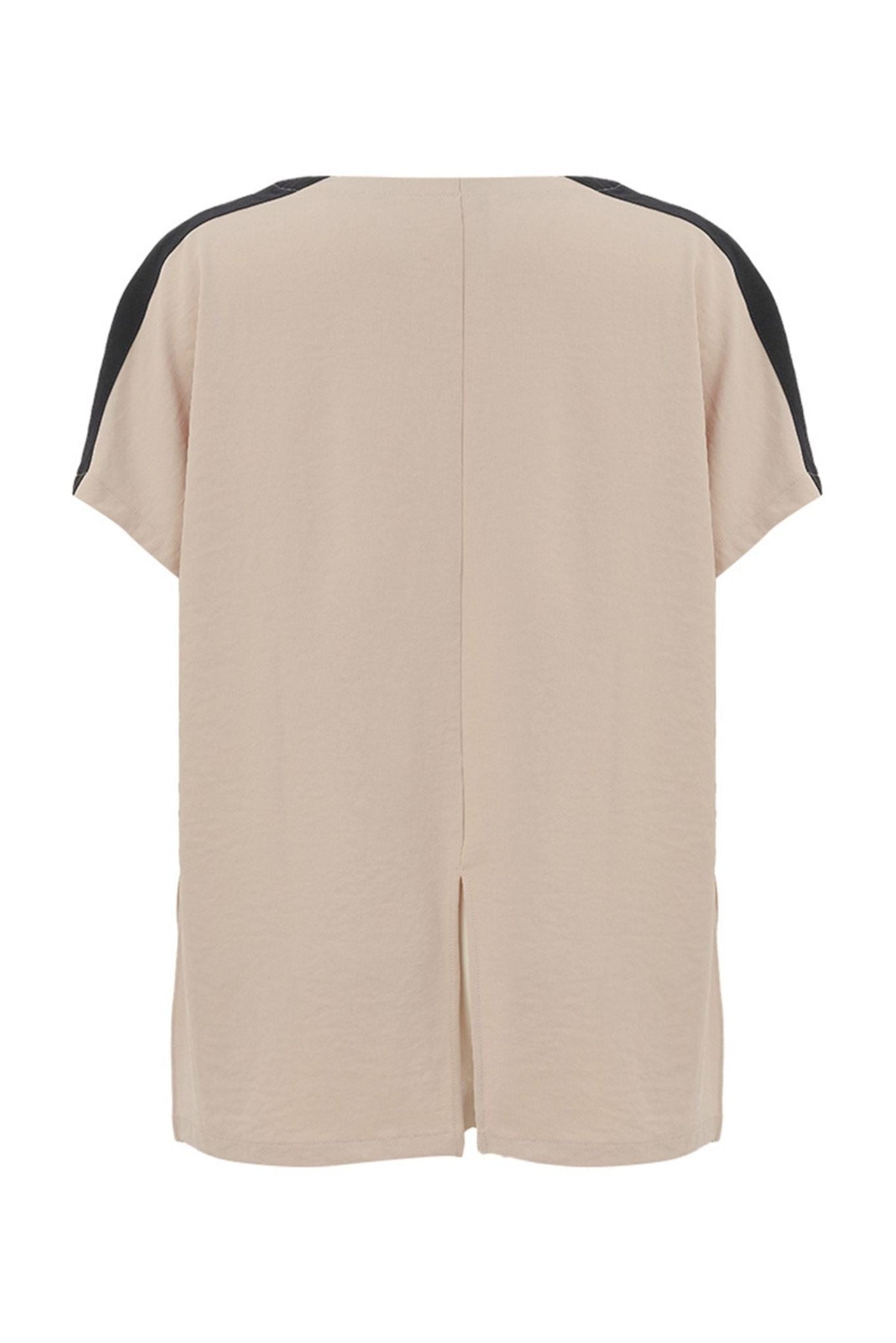 A beige short-sleeve top shown from the back, featuring black contrast panels along the shoulders and a central back slit.